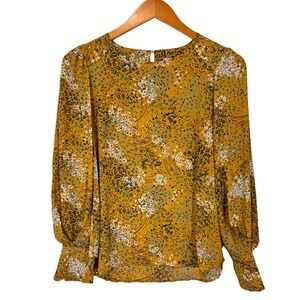 LOFT Blouse Womens XXS Yellow Floral Long Sleeve Prairie Farm Cuffed Top